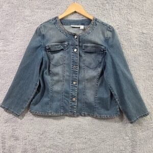 Chico's Platinum Denim Jacket Size 2 (Large) Embellished Studded 3/4 Sleeve Blue